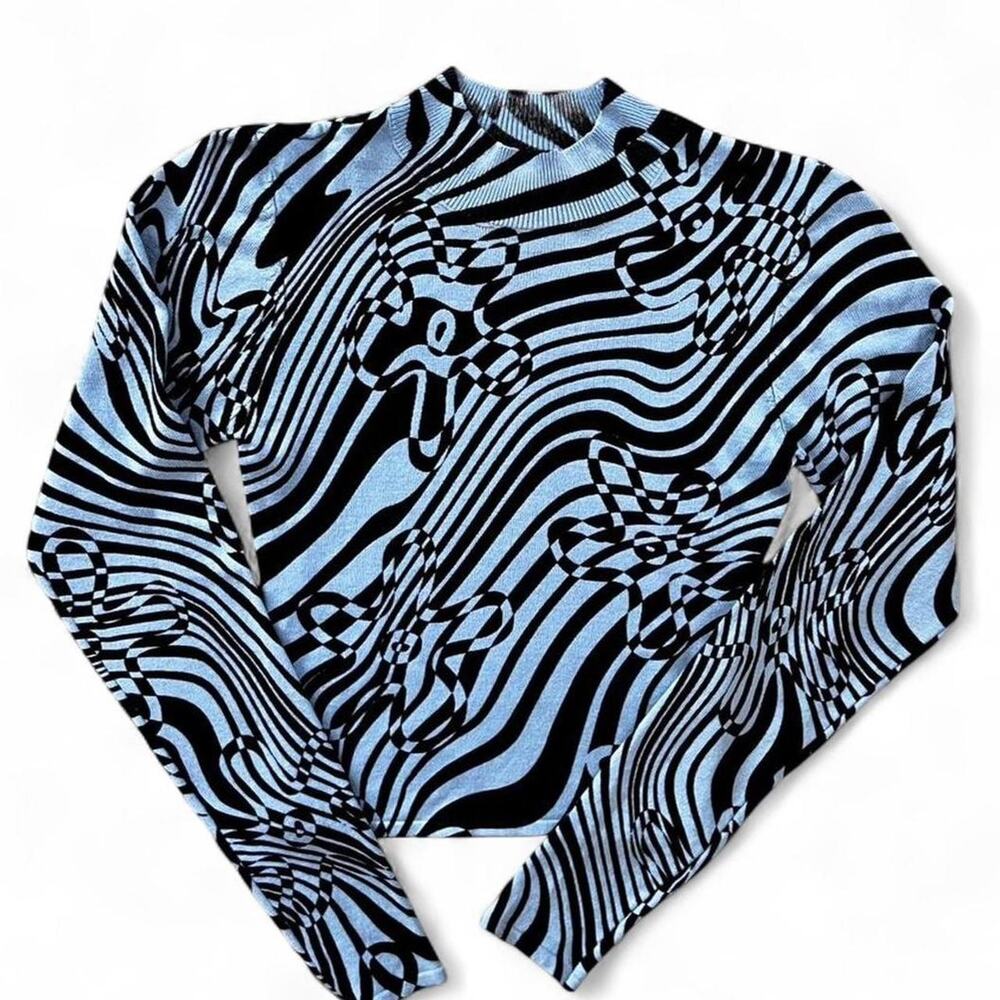 Blue Black Swirl Print Long Sleeve Top Y2K Fitted Streetwear Women’s XS